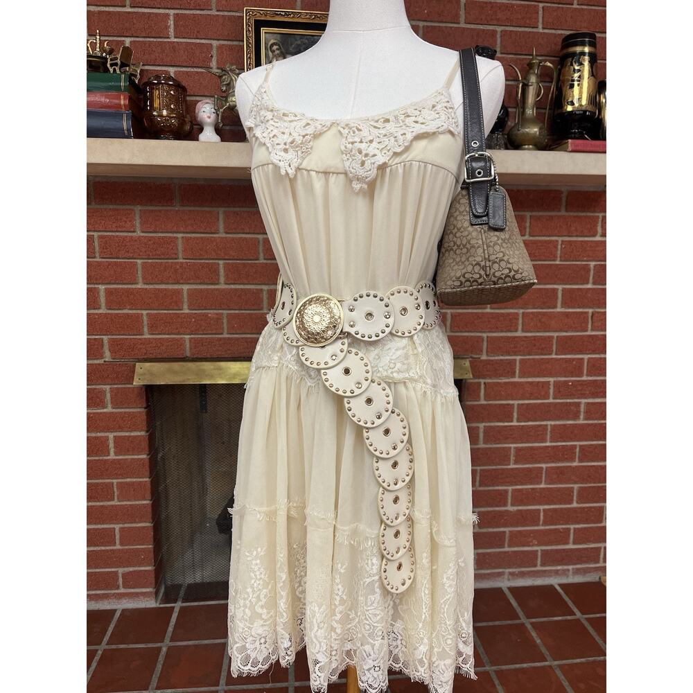 Vintage Slip Dress Cottage Core Lace Cream Hollywood Boho S/M